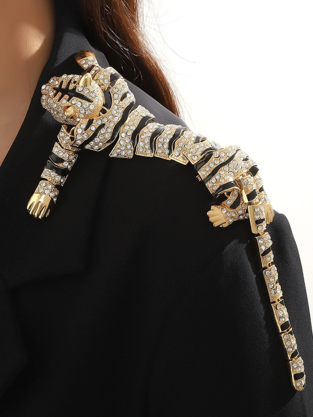 Oversized Crystal Tiger Brooch Pin – Gold Tone Black Enamel Rhinestone